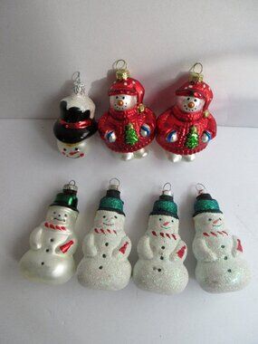 7 Glass Snowman Christmas Ornaments 4 Bradford Trimmeries Glitter, Snowman Head